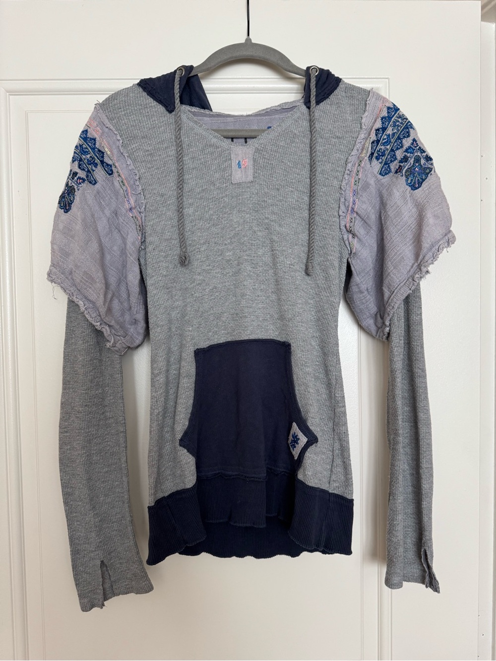 Free People Gray & Navy Layered Hoodie with Embroidered Sleeves
